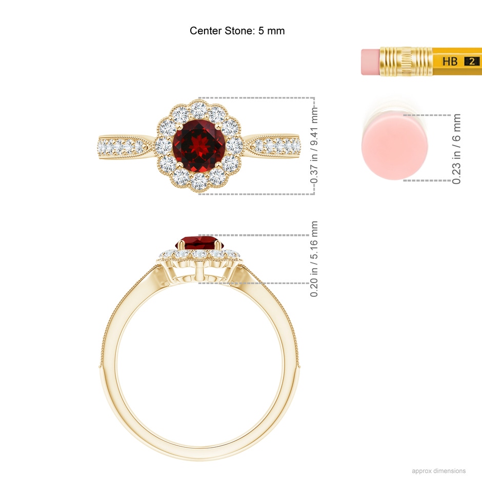 5mm AAAA Vintage Inspired Garnet Milgrain Ring with Diamond Halo in Yellow Gold ruler