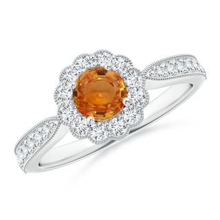 5mm AAA Vintage Inspired Orange Sapphire Milgrain Ring with Halo in White Gold