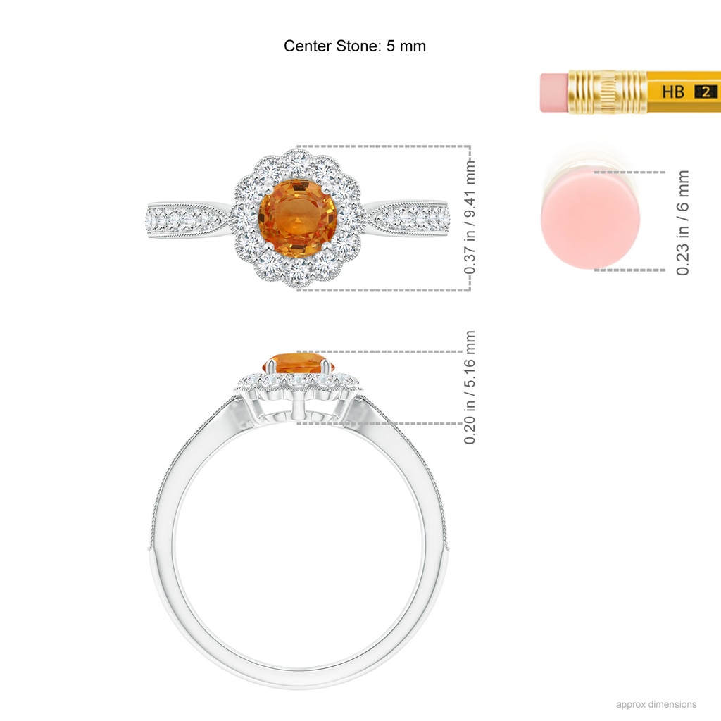 5mm AAA Vintage Inspired Orange Sapphire Milgrain Ring with Halo in White Gold Ruler