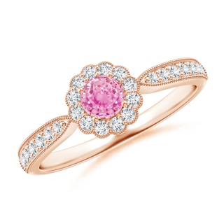 4mm A Vintage Inspired Pink Sapphire Milgrain Ring with Halo in Rose Gold