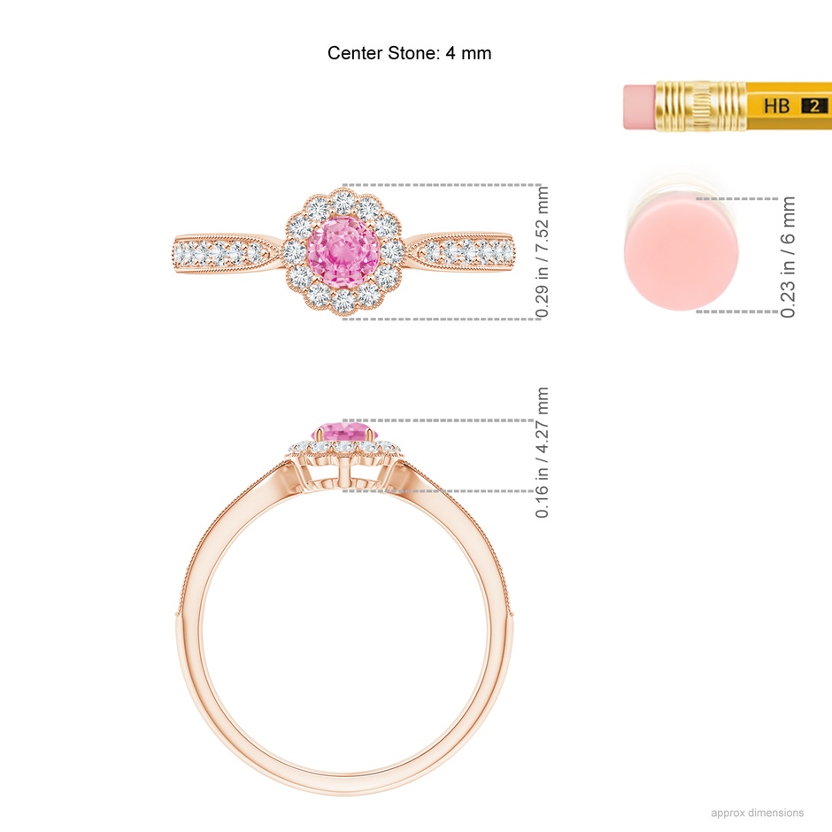4mm A Vintage Inspired Pink Sapphire Milgrain Ring with Halo in Rose Gold ruler