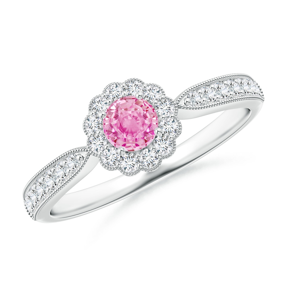 4mm A Vintage Inspired Pink Sapphire Milgrain Ring with Halo in White Gold 