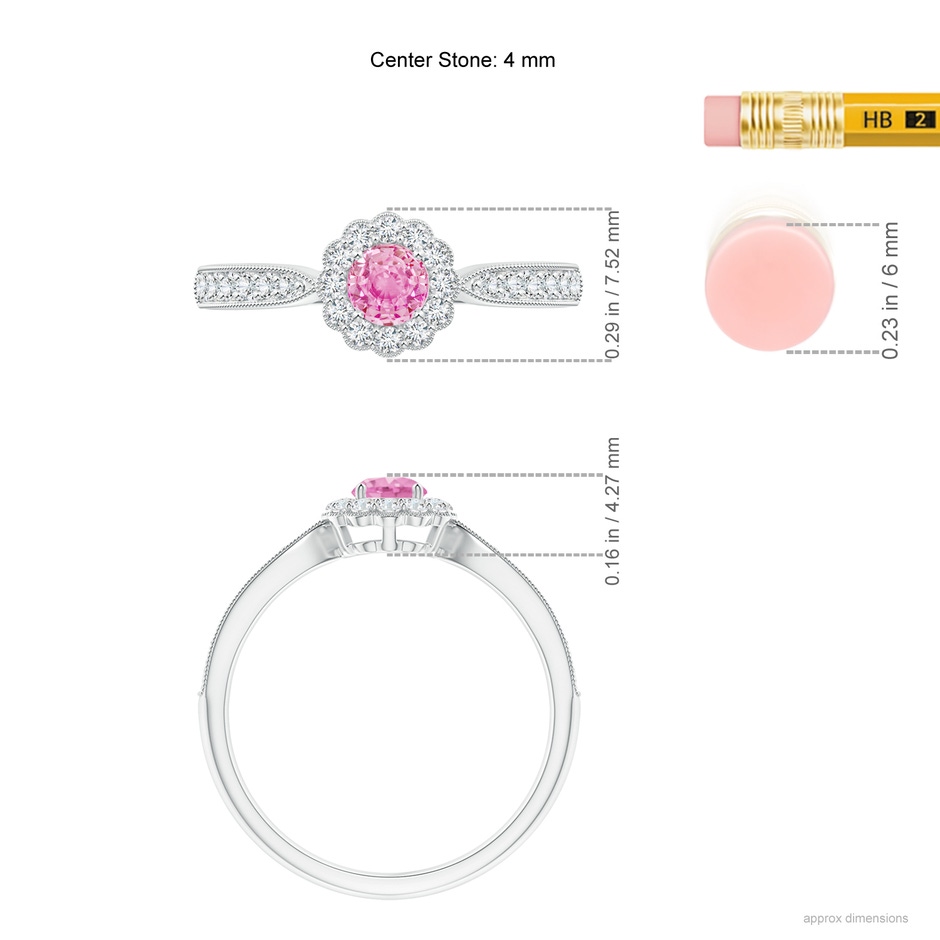 4mm A Vintage Inspired Pink Sapphire Milgrain Ring with Halo in White Gold ruler