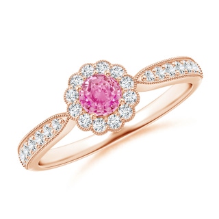 4mm AA Vintage Inspired Pink Sapphire Milgrain Ring with Halo in 9K Rose Gold