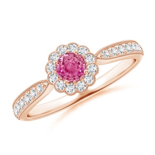 4mm AAA Vintage Inspired Pink Sapphire Milgrain Ring with Halo in 9K Rose Gold