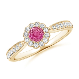 4mm AAA Vintage Inspired Pink Sapphire Milgrain Ring with Halo in 9K Yellow Gold