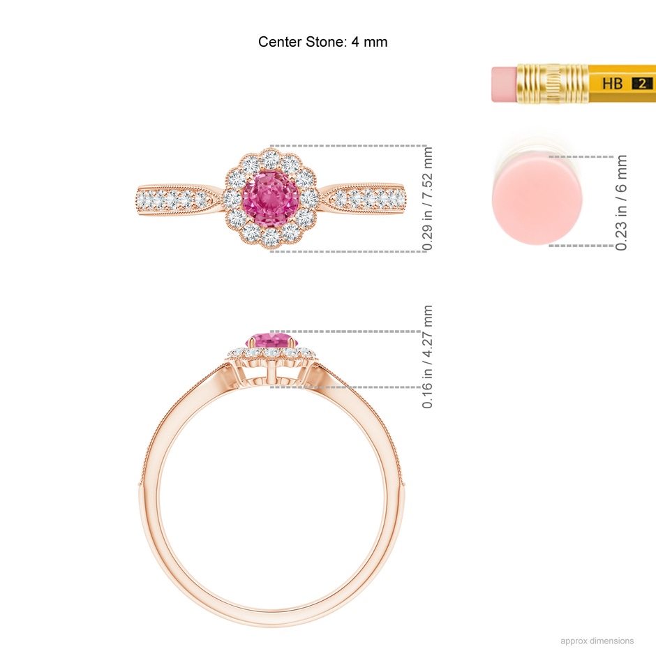 4mm AAA Vintage Inspired Pink Sapphire Milgrain Ring with Halo in Rose Gold ruler