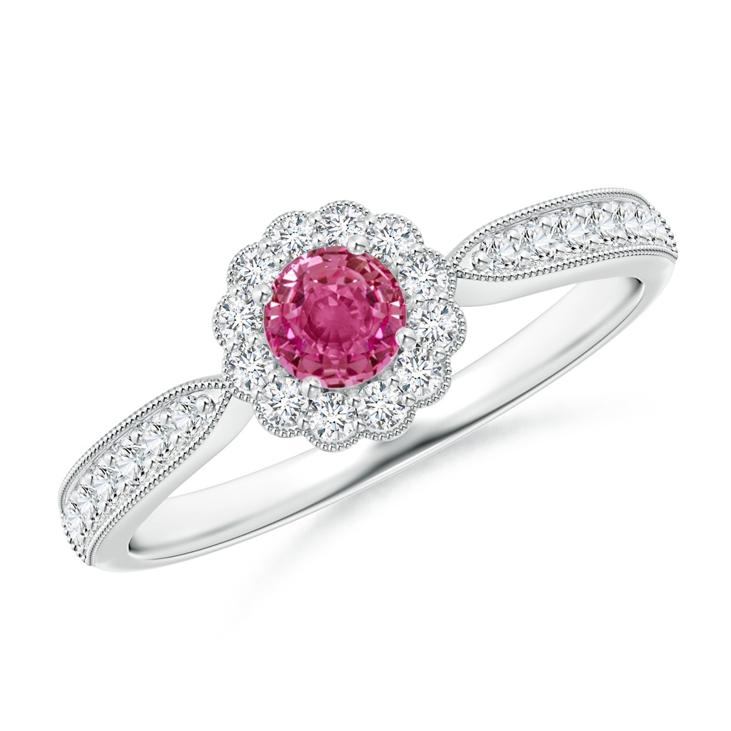 4mm AAAA Vintage Inspired Pink Sapphire Milgrain Ring with Halo in P950 Platinum