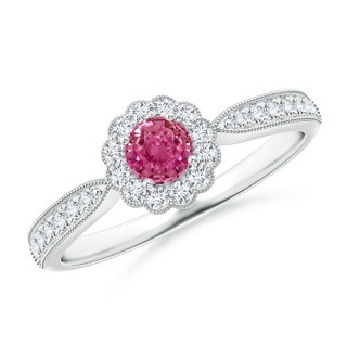 4mm AAAA Vintage Inspired Pink Sapphire Milgrain Ring with Halo in P950 Platinum