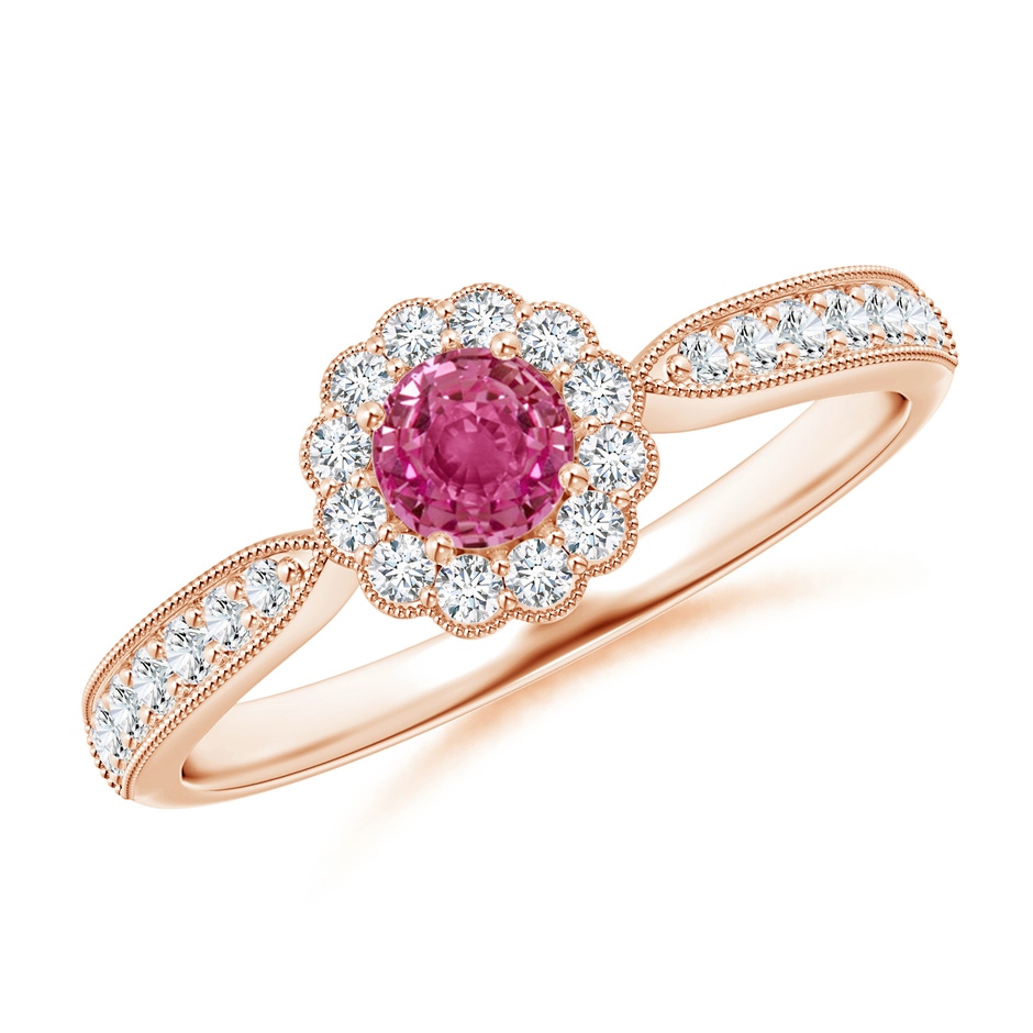 4mm AAAA Vintage Inspired Pink Sapphire Milgrain Ring with Halo in Rose Gold 