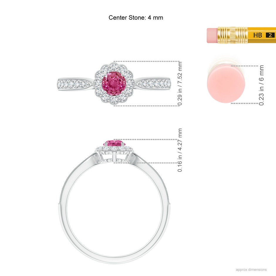 4mm AAAA Vintage Inspired Pink Sapphire Milgrain Ring with Halo in White Gold ruler