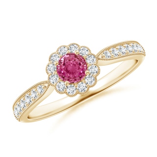 4mm AAAA Vintage Inspired Pink Sapphire Milgrain Ring with Halo in Yellow Gold