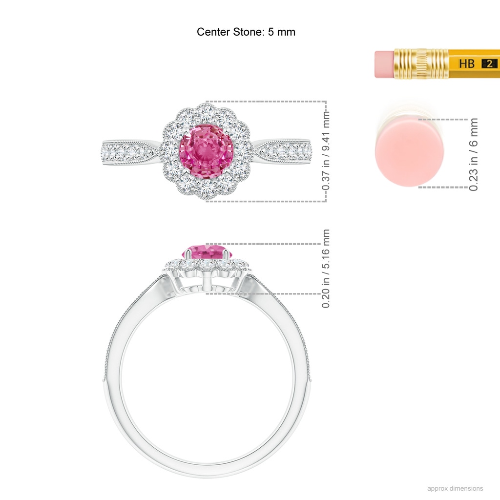 5mm AAA Vintage Inspired Pink Sapphire Milgrain Ring with Halo in P950 Platinum Ruler