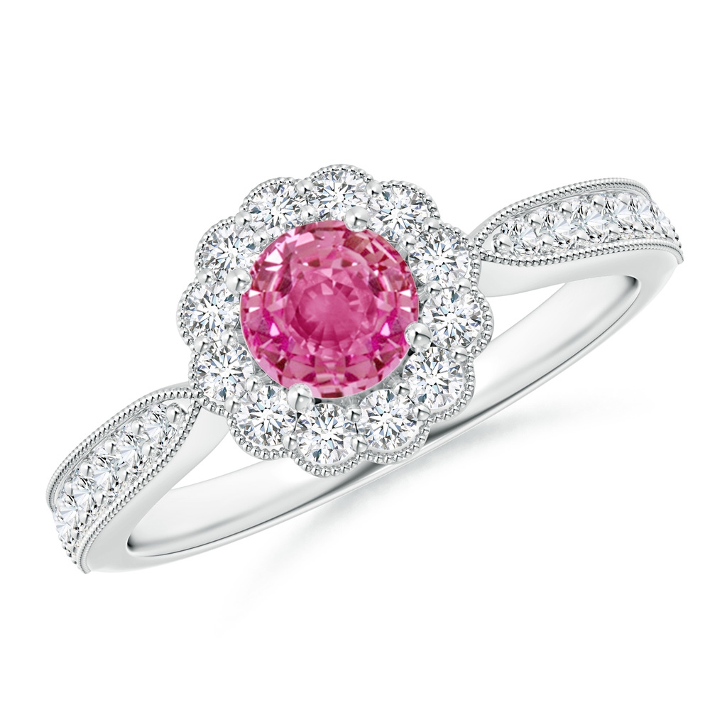 5mm AAA Vintage Inspired Pink Sapphire Milgrain Ring with Halo in White Gold