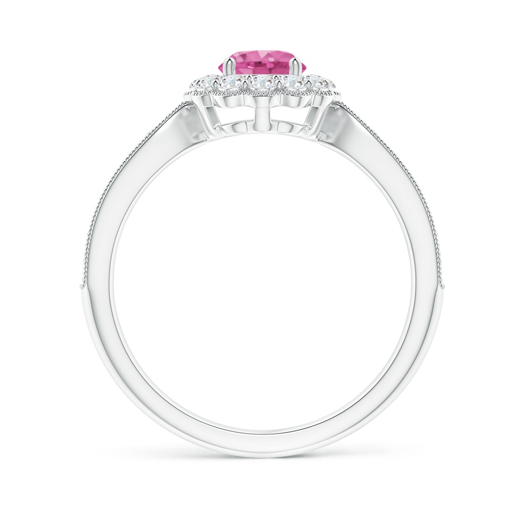 5mm AAA Vintage Inspired Pink Sapphire Milgrain Ring with Halo in White Gold Side-1