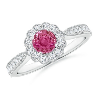 5mm AAAA Vintage Inspired Pink Sapphire Milgrain Ring with Halo in P950 Platinum