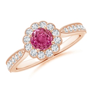 5mm AAAA Vintage Inspired Pink Sapphire Milgrain Ring with Halo in Rose Gold