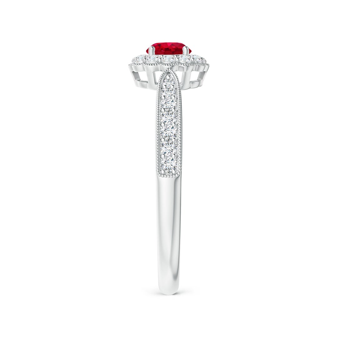 4mm AAA Vintage Inspired Ruby Milgrain Ring with Diamond Halo in White Gold - side 5