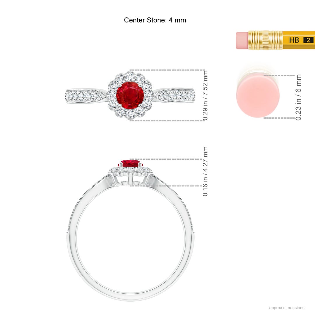 4mm AAA Vintage Inspired Ruby Milgrain Ring with Diamond Halo in White Gold - ruler