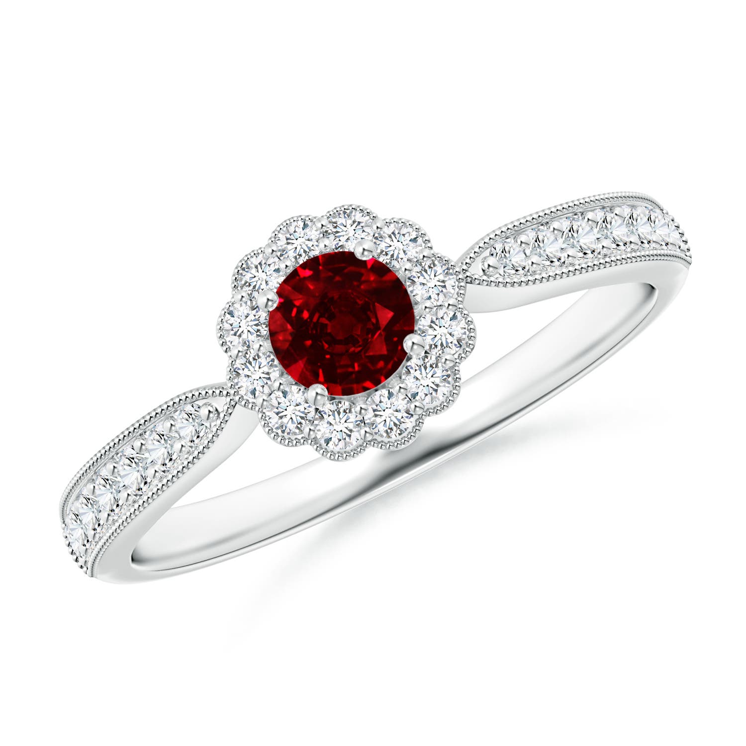 4mm AAAA Vintage Inspired Ruby Milgrain Ring with Diamond Halo in 18K White Gold