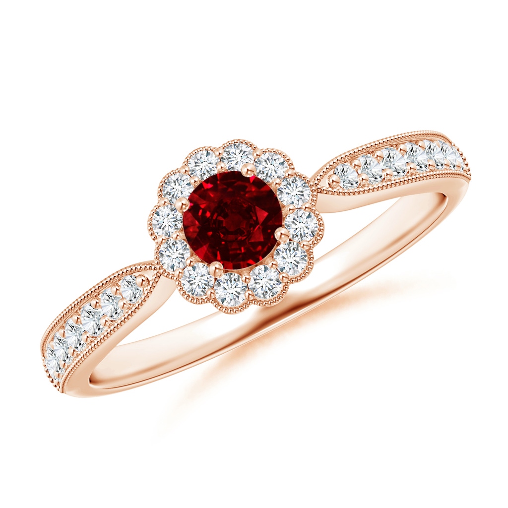 4mm AAAA Vintage Inspired Ruby Milgrain Ring with Diamond Halo in Rose Gold