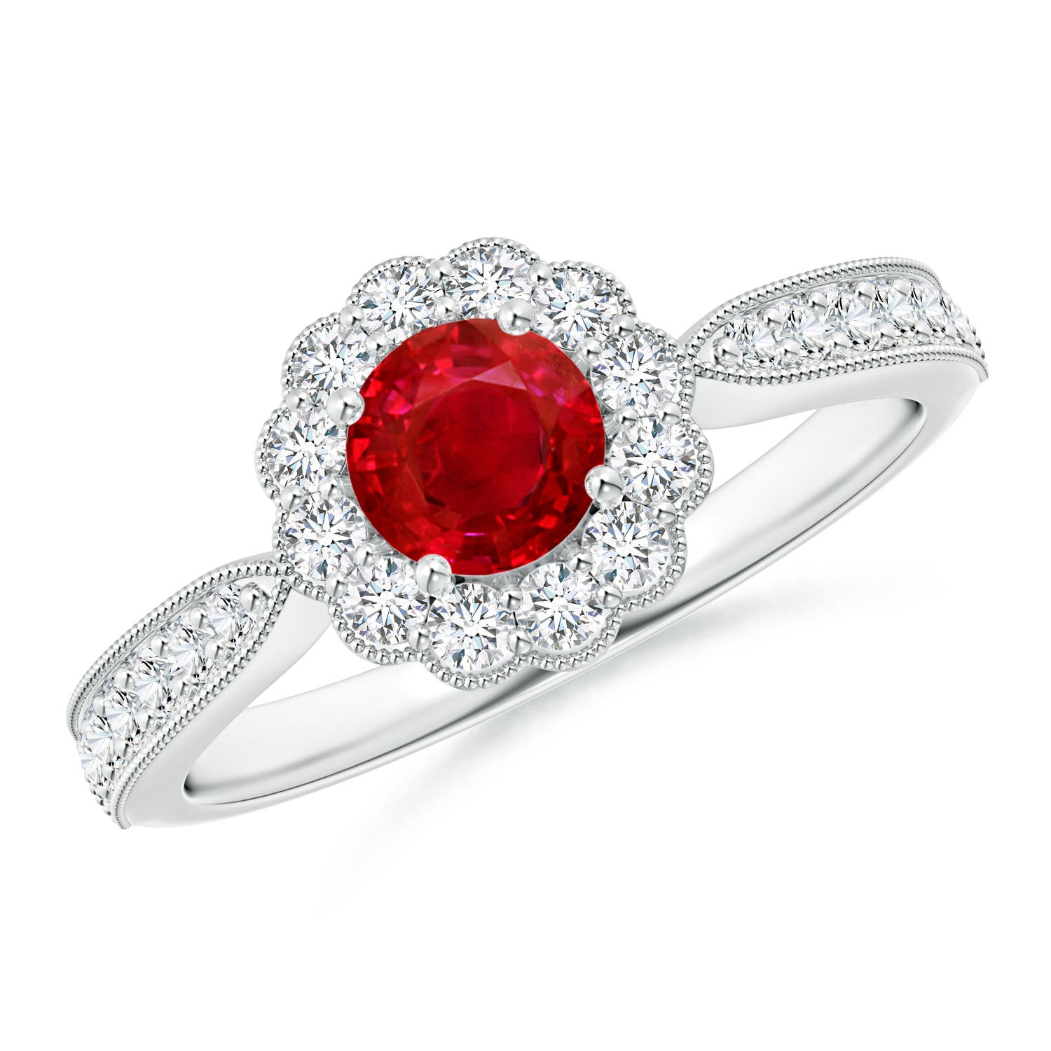 5mm AAA Vintage Inspired Ruby Milgrain Ring with Diamond Halo in 18K White Gold