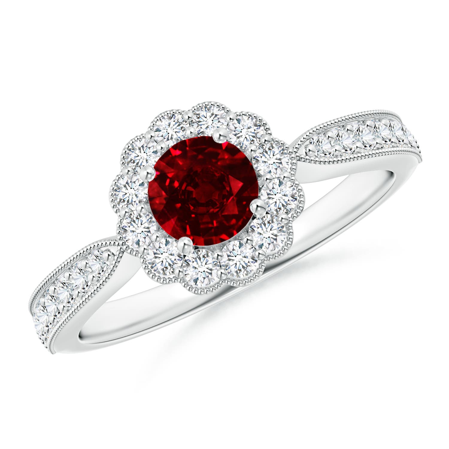 5mm AAAA Vintage Inspired Ruby Milgrain Ring with Diamond Halo in 18K White Gold