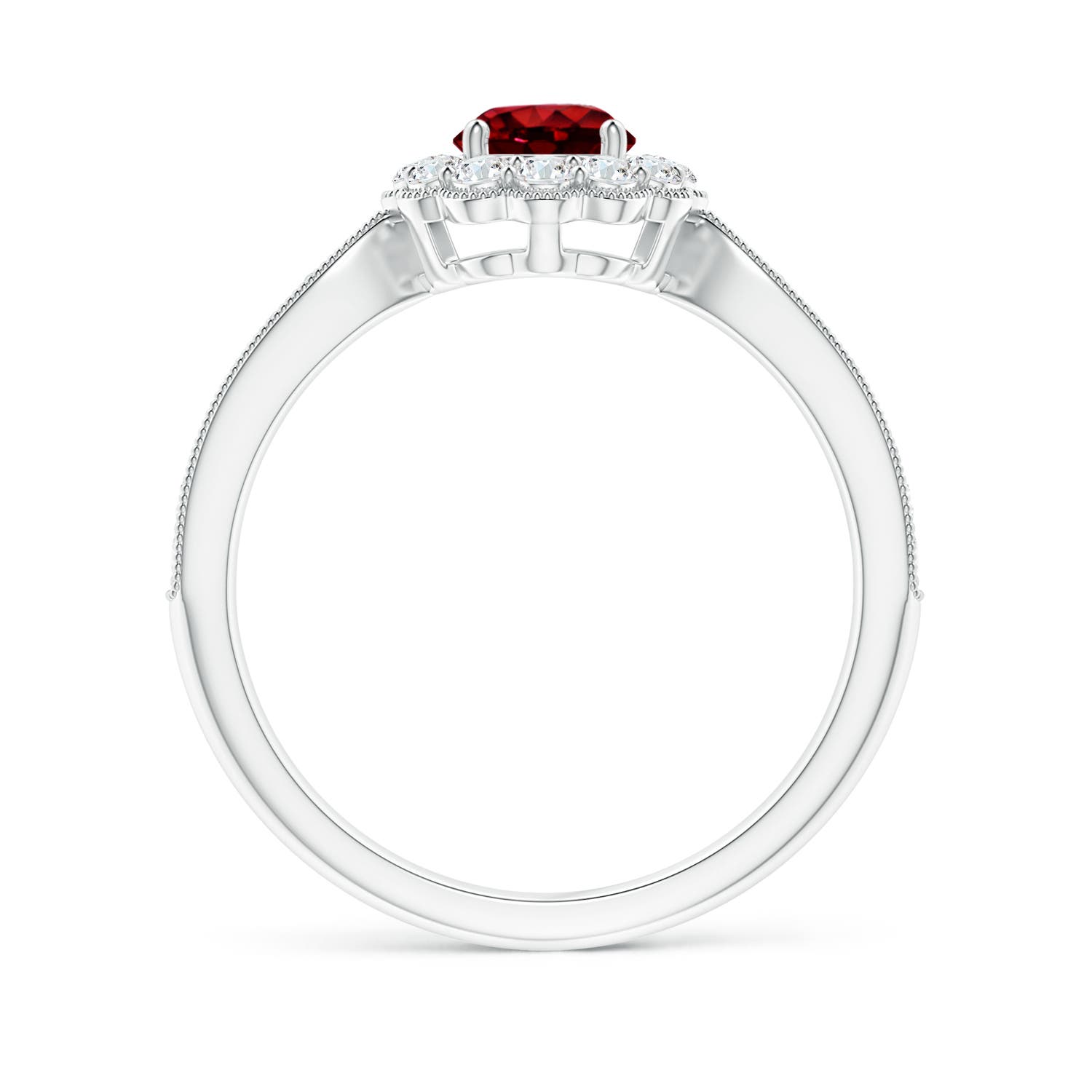 5mm AAAA Vintage Inspired Ruby Milgrain Ring with Diamond Halo in 18K White Gold