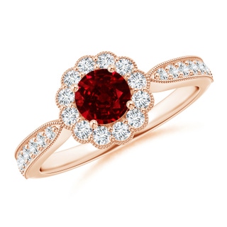 5mm AAAA Vintage Inspired Ruby Milgrain Ring with Diamond Halo in Rose Gold