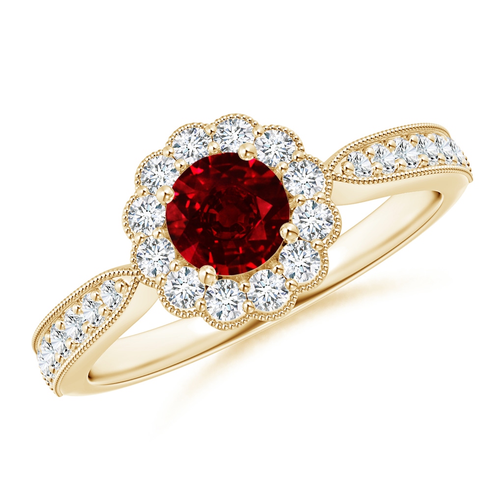 5mm AAAA Vintage Inspired Ruby Milgrain Ring with Diamond Halo in Yellow Gold