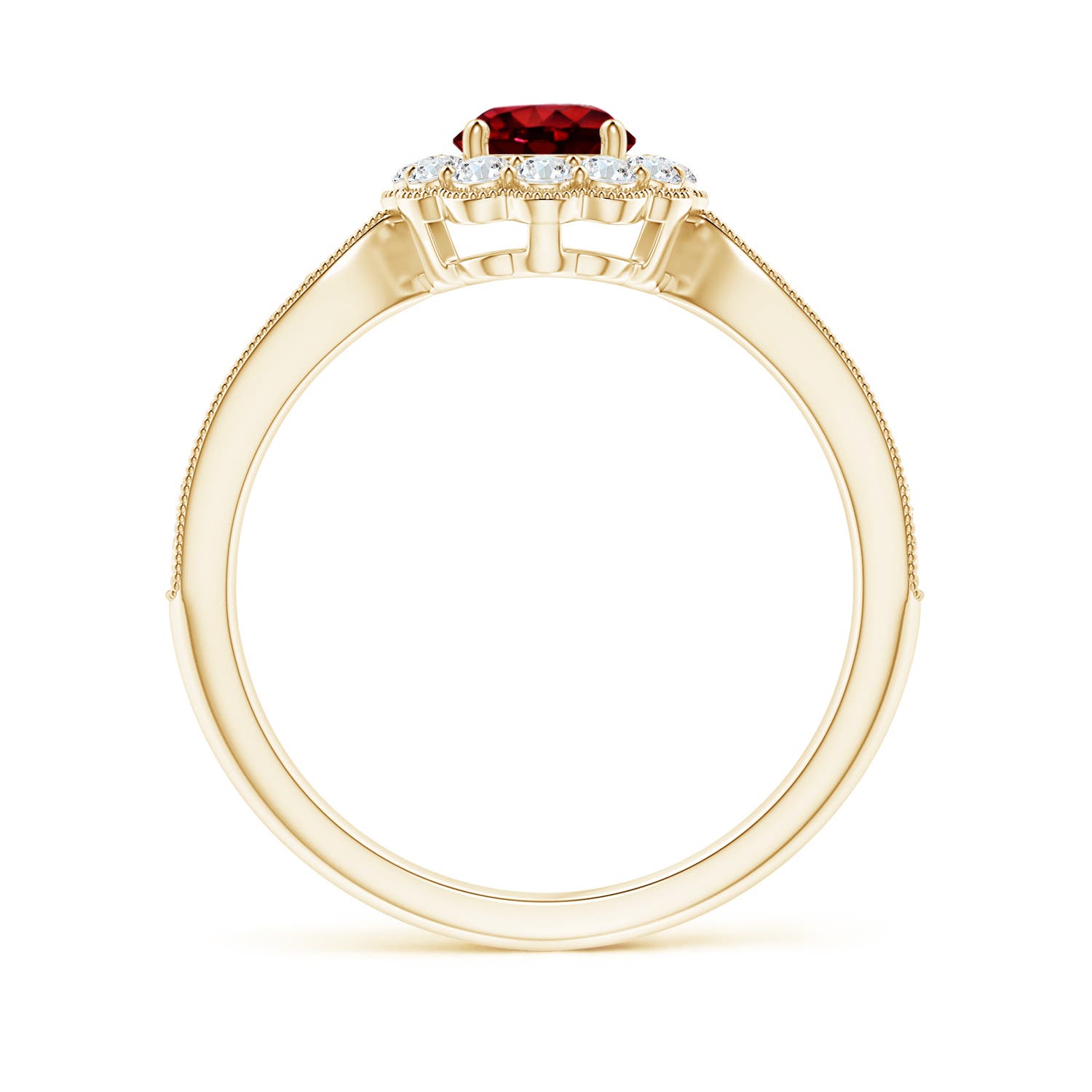 5mm AAAA Vintage Inspired Ruby Milgrain Ring with Diamond Halo in Yellow Gold