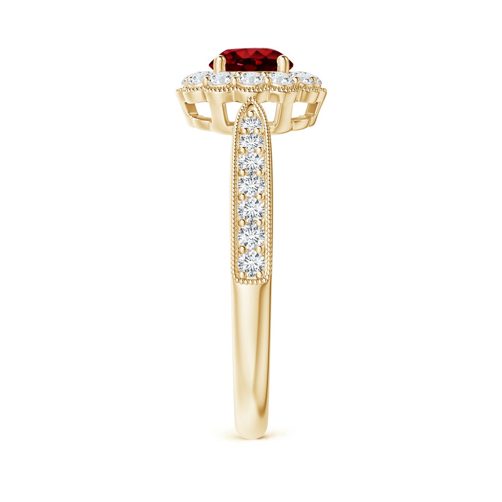 5mm AAAA Vintage Inspired Ruby Milgrain Ring with Diamond Halo in Yellow Gold Side-2