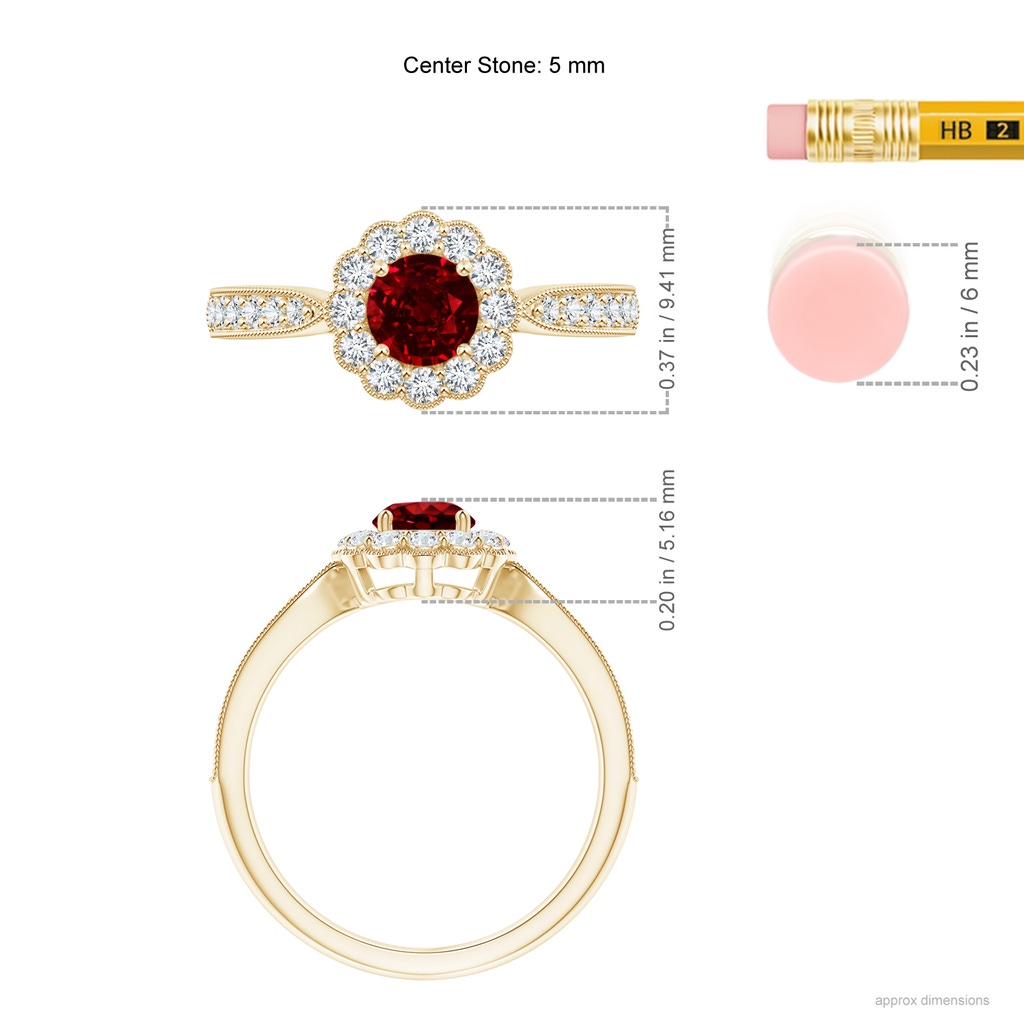 5mm AAAA Vintage Inspired Ruby Milgrain Ring with Diamond Halo in Yellow Gold Ruler