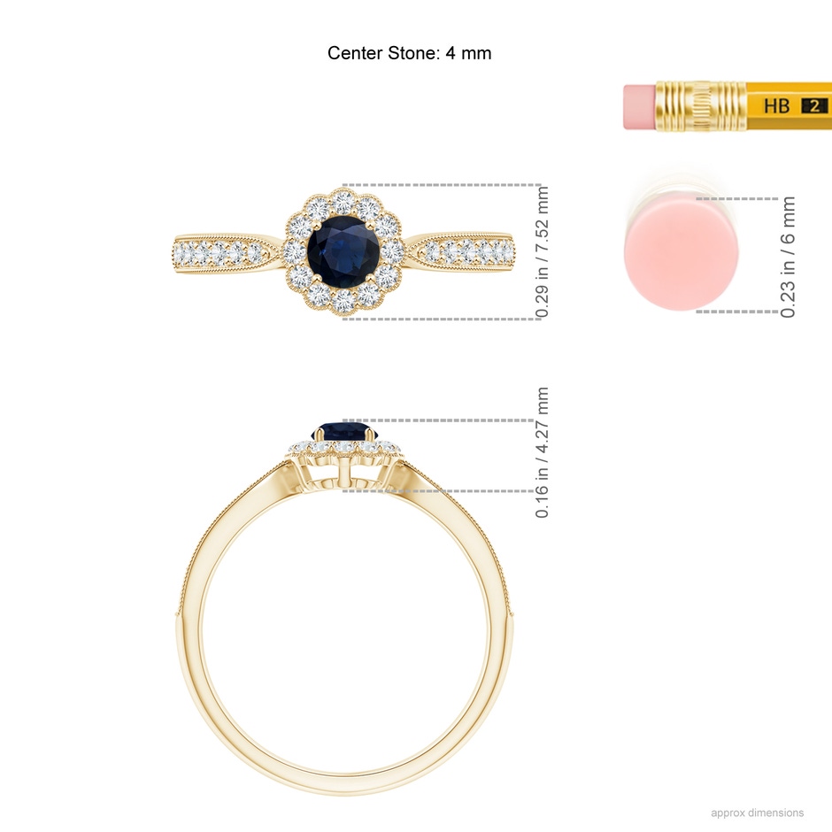 4mm A Vintage Inspired Sapphire Milgrain Ring with Diamond Halo in Yellow Gold ruler