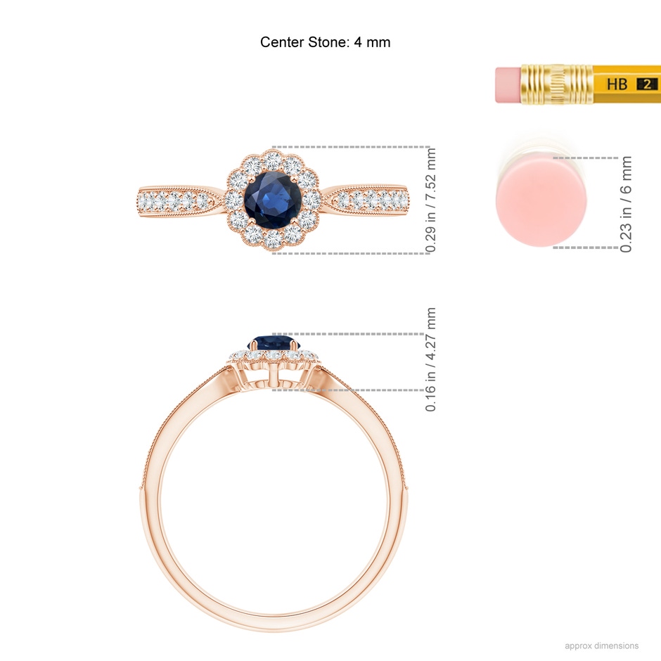 4mm AA Vintage Inspired Sapphire Milgrain Ring with Diamond Halo in Rose Gold ruler