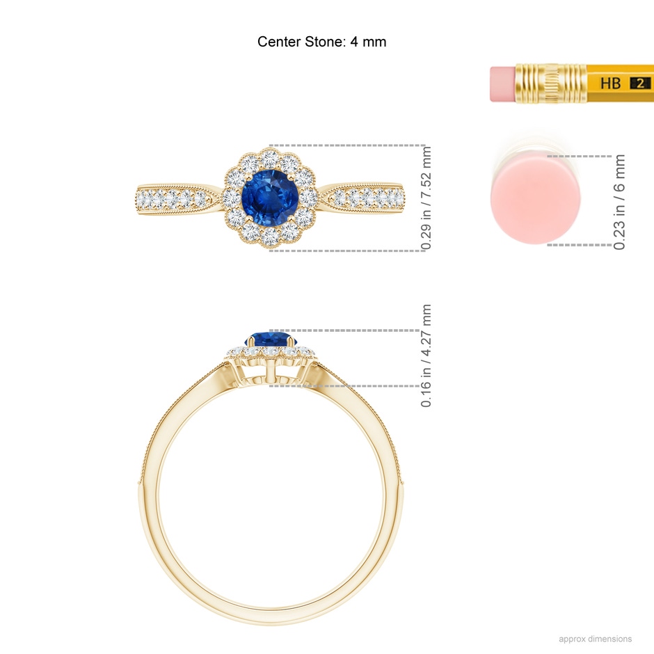 4mm AAA Vintage Inspired Sapphire Milgrain Ring with Diamond Halo in Yellow Gold ruler