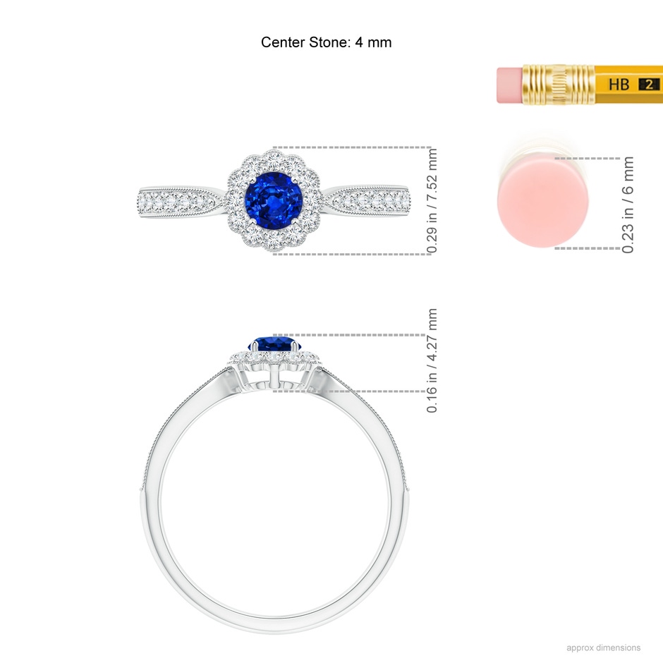 4mm AAAA Vintage Inspired Sapphire Milgrain Ring with Diamond Halo in P950 Platinum ruler