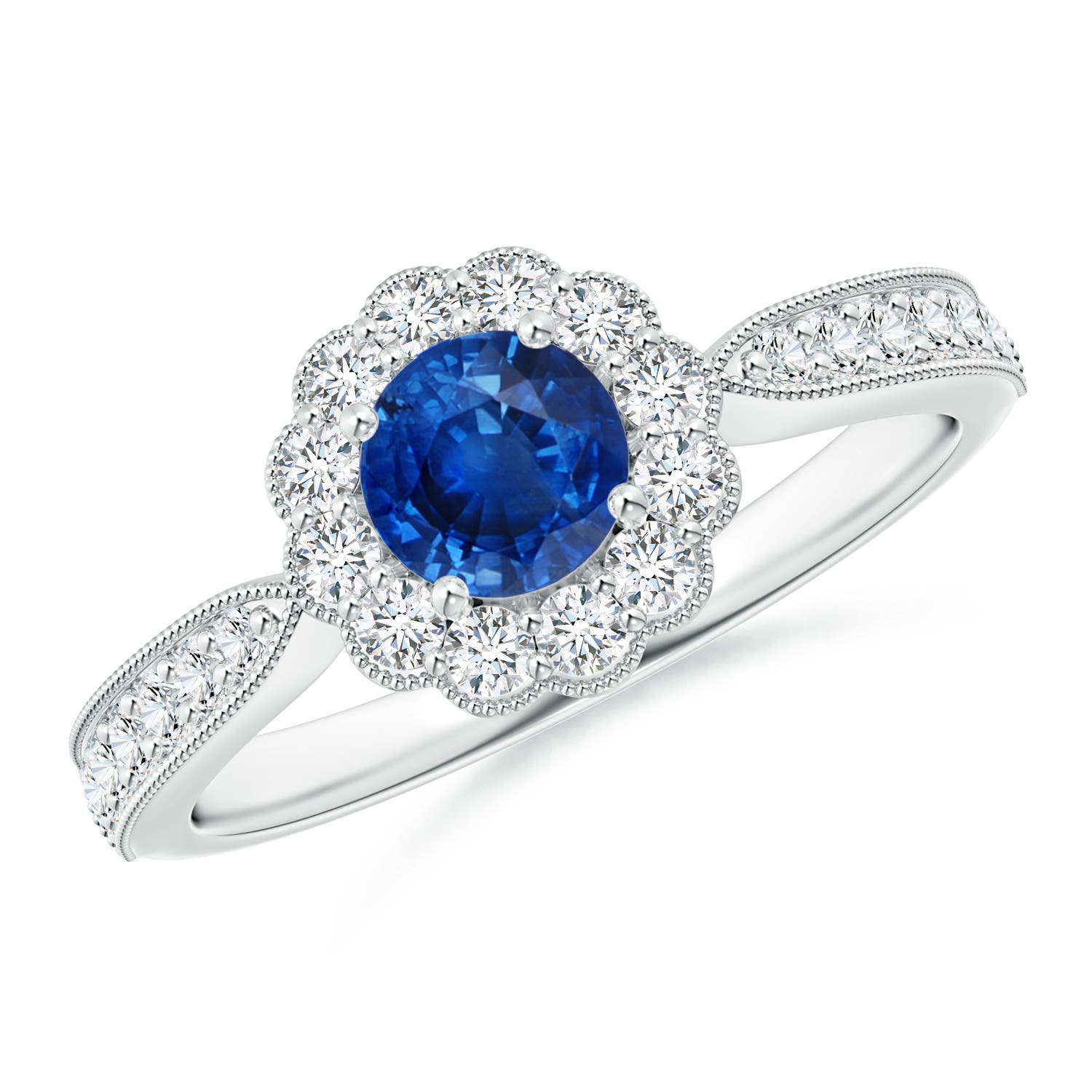 5mm AAA Vintage Inspired Sapphire Milgrain Ring with Diamond Halo in 18CT White Gold
