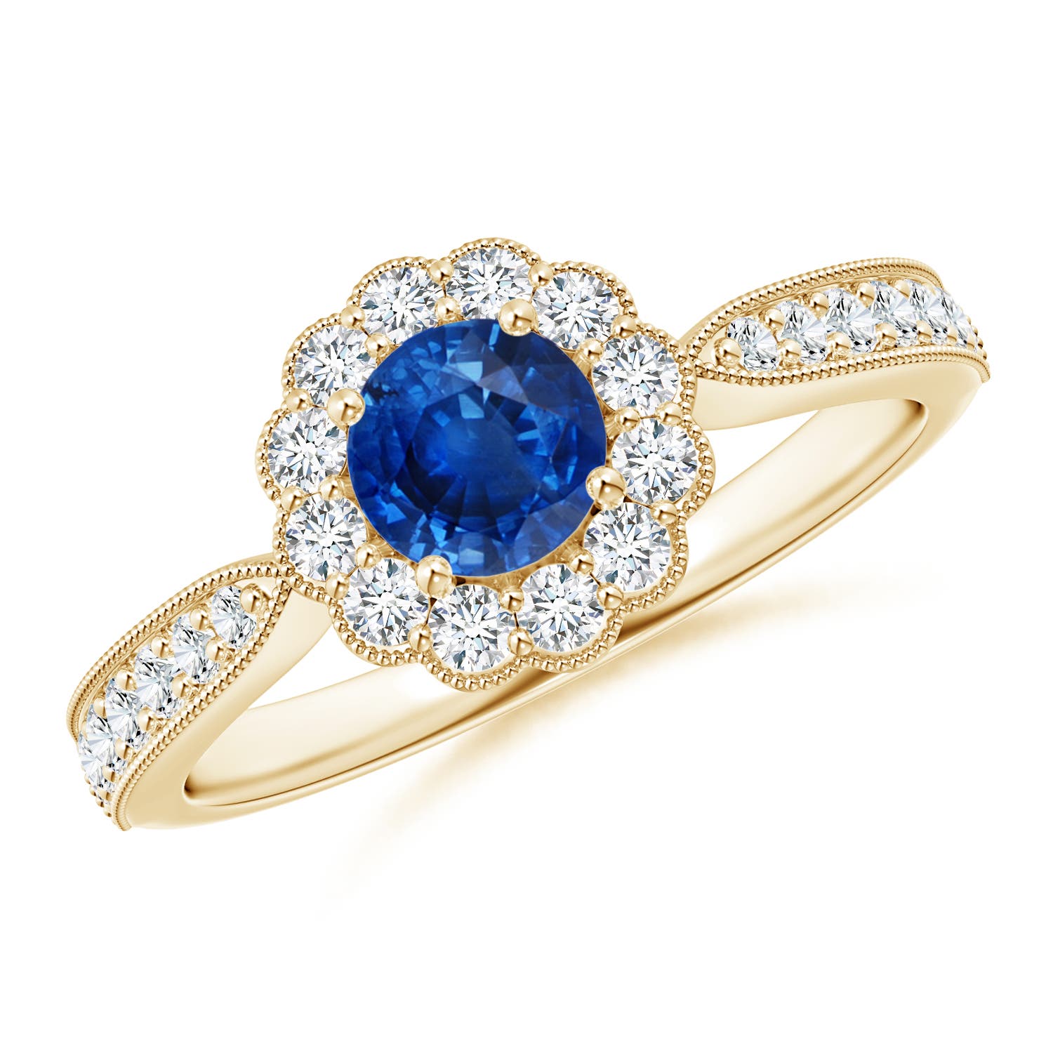 5mm AAA Vintage Inspired Sapphire Milgrain Ring with Diamond Halo in 18K Yellow Gold