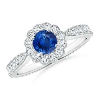 5mm AAA Vintage Inspired Sapphire Milgrain Ring with Diamond Halo in White Gold