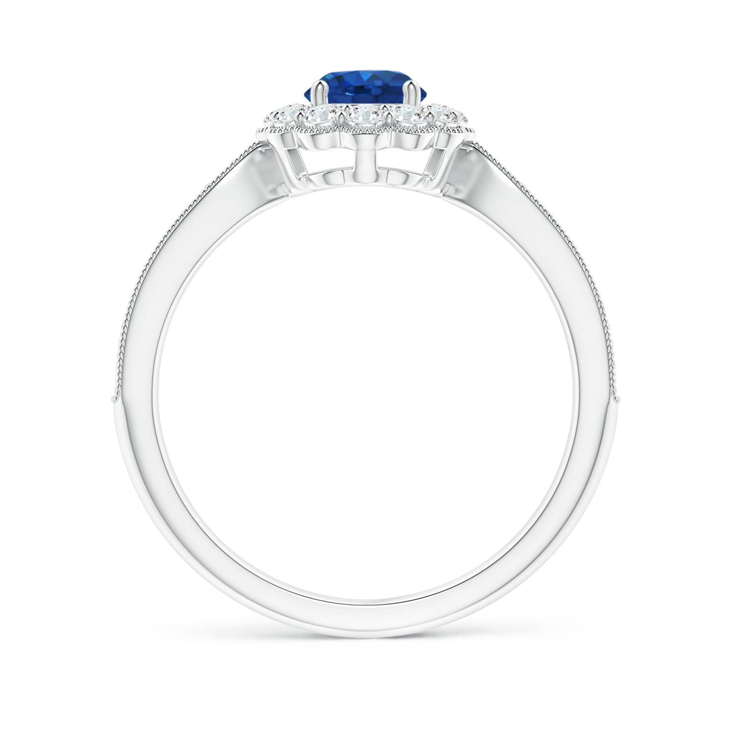 5mm AAA Vintage Inspired Sapphire Milgrain Ring with Diamond Halo in White Gold