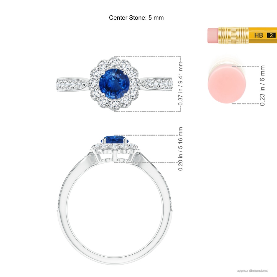 5mm AAA Vintage Inspired Sapphire Milgrain Ring with Diamond Halo in White Gold ruler