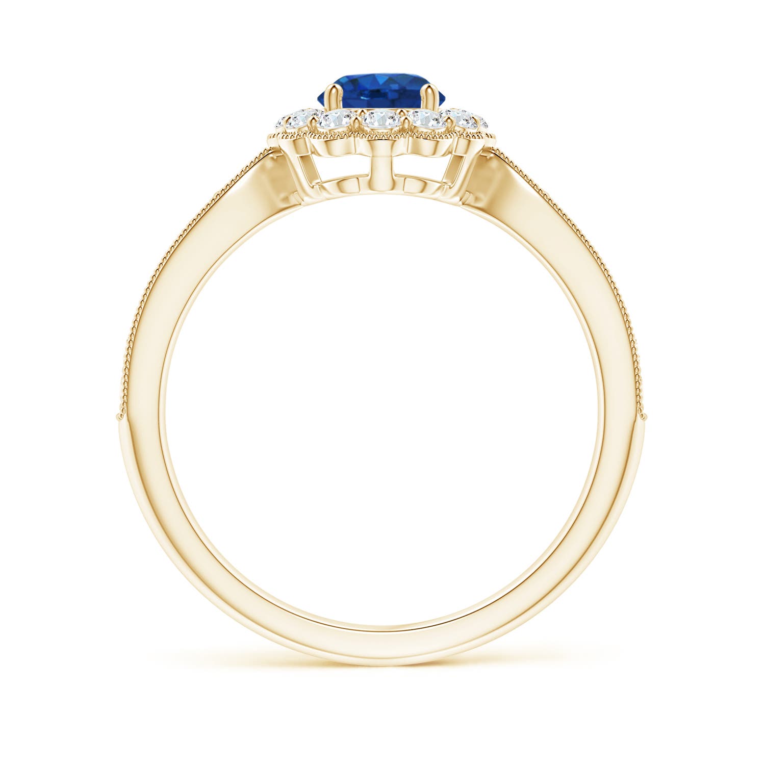 5mm AAA Vintage Inspired Sapphire Milgrain Ring with Diamond Halo in Yellow Gold - side 3