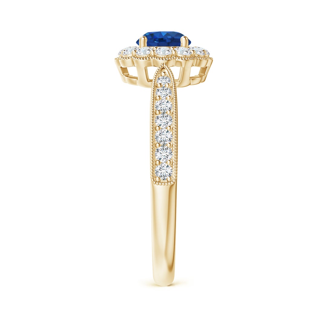 5mm AAA Vintage Inspired Sapphire Milgrain Ring with Diamond Halo in Yellow Gold - side 5