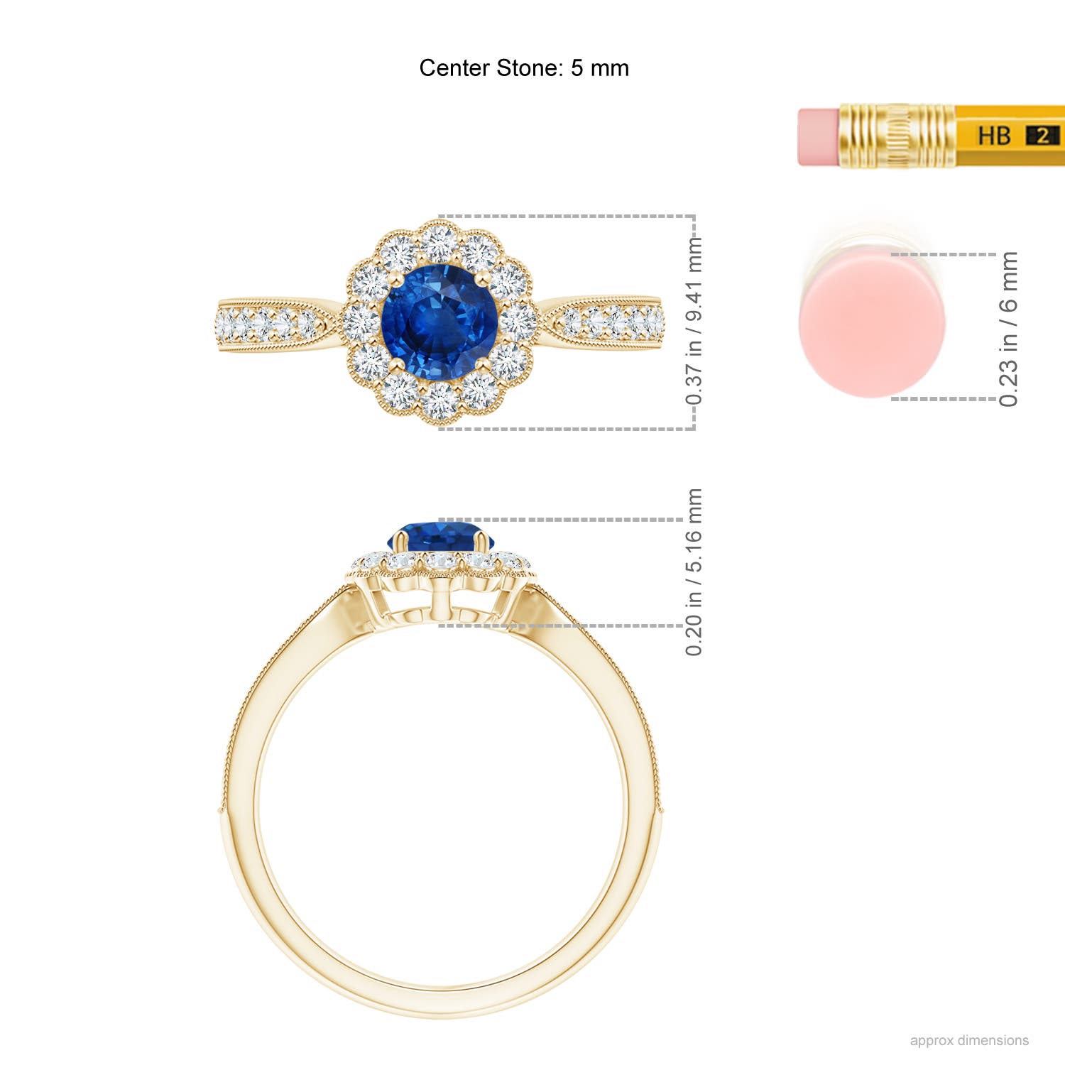 5mm AAA Vintage Inspired Sapphire Milgrain Ring with Diamond Halo in Yellow Gold - ruler