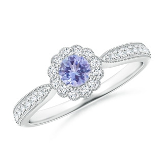 4mm AA Vintage Inspired Tanzanite Milgrain Ring with Diamond Halo in White Gold