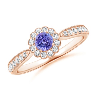 4mm AAA Vintage Inspired Tanzanite Milgrain Ring with Diamond Halo in Rose Gold