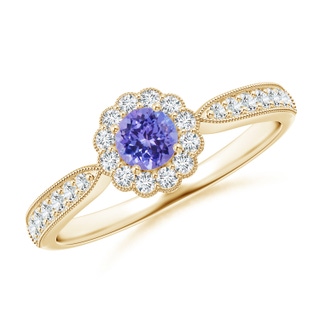 4mm AAA Vintage Inspired Tanzanite Milgrain Ring with Diamond Halo in Yellow Gold