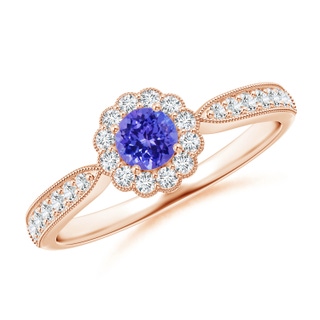 4mm AAAA Vintage Inspired Tanzanite Milgrain Ring with Diamond Halo in Rose Gold