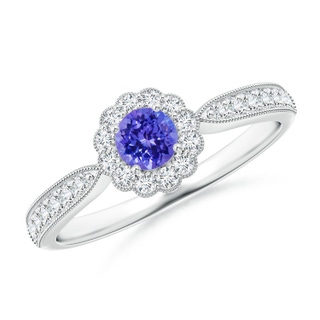 4mm AAAA Vintage Inspired Tanzanite Milgrain Ring with Diamond Halo in White Gold